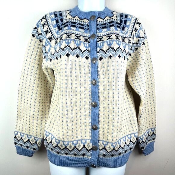 Handmade O Allers Nilssen Norway Wool Fair Isle Cream Blue Cardigan Sweater S/M - Picture 8 of 15